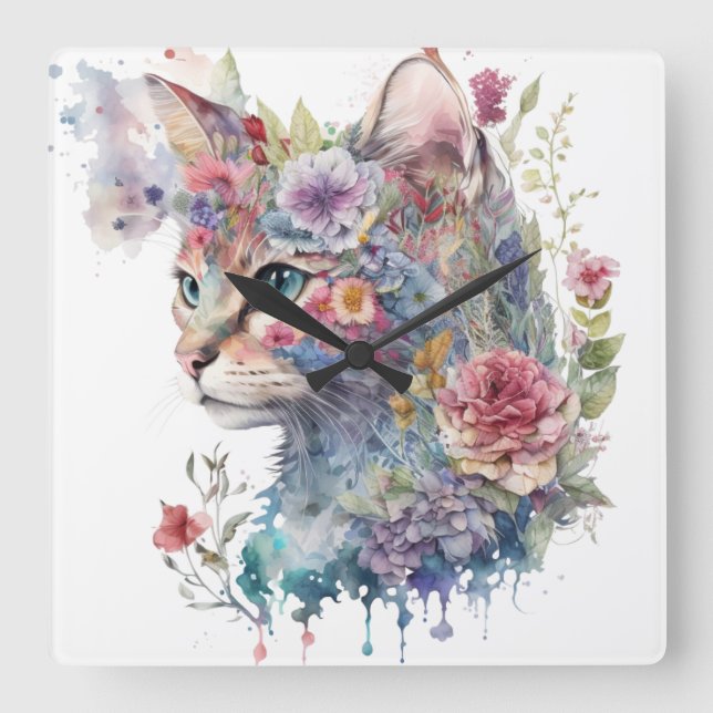 WATERCOLOR CAT FACE AND PRETTY FLOWERS SQUARE WALL CLOCK (Front)