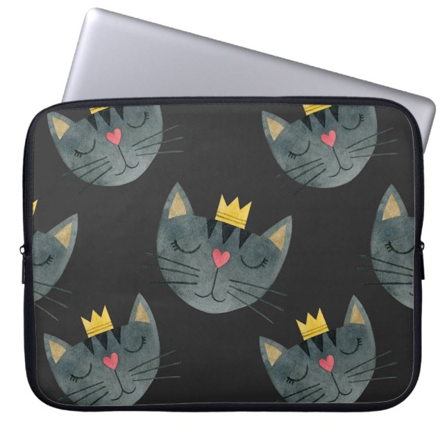 Watercolor cat faces, black seamless. laptop sleeve (Front)