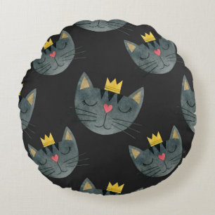 Watercolor cat faces, black seamless. round pillow