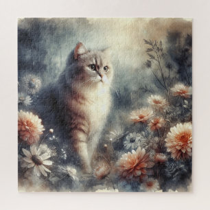 Watercolor Cat & Floral  Jigsaw Puzzle