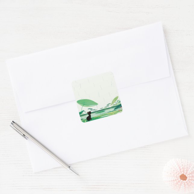 Watercolor Cat Frog In the Rain Square Sticker (Envelope)