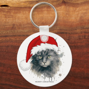 Watercolor Cat In A Santa Hat Merry Christmas Keychain