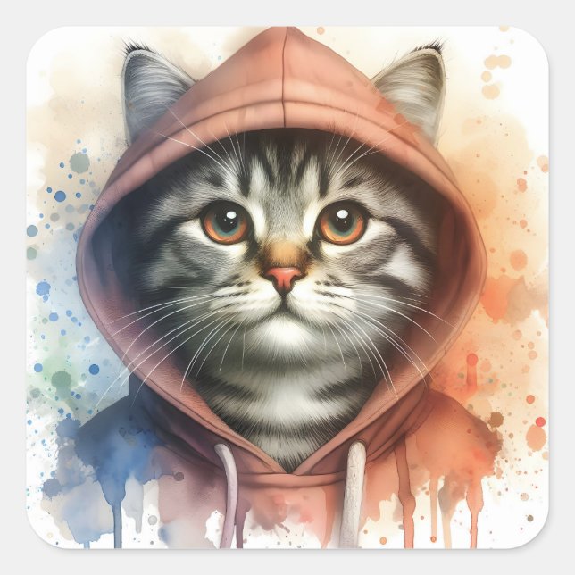 Watercolor Cat in Colourful Hoodie Splash Art  Square Sticker (Front)