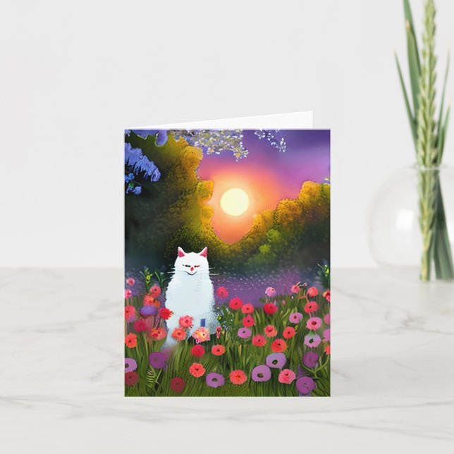 Watercolor cat in flower field customizable card (Front)
