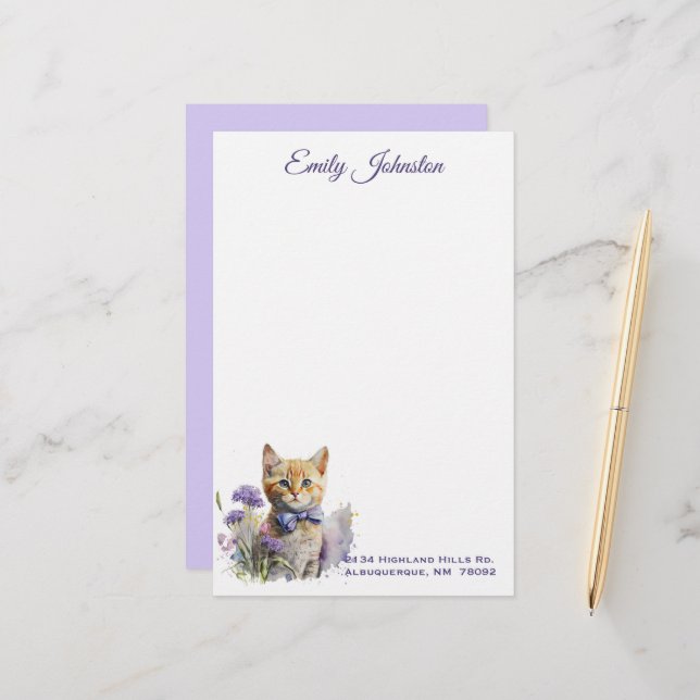 Watercolor Cat in Flowers Custom Stationery (Front/Back In Situ)