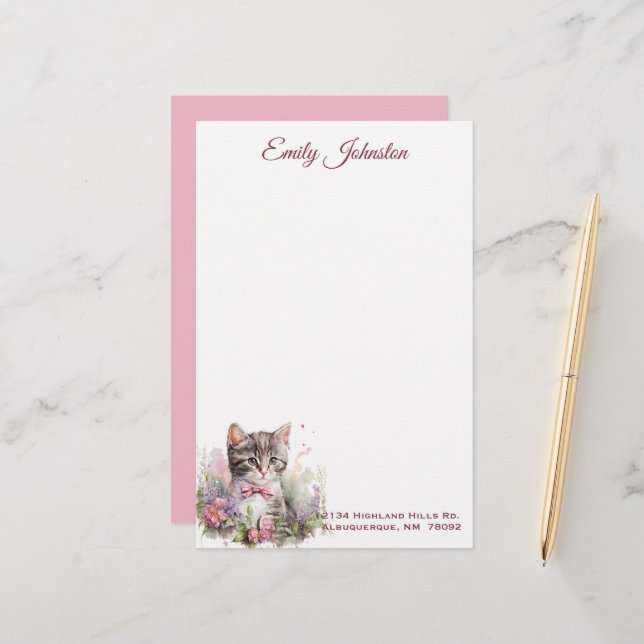 Watercolor Cat in Flowers Custom Stationery (Front/Back In Situ)
