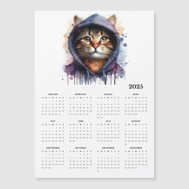 Watercolor Cat in Hoodie Splash Art 2025 Calendar (Front)