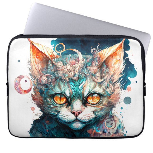 Watercolor cat in steampunk style  laptop sleeve (Front)