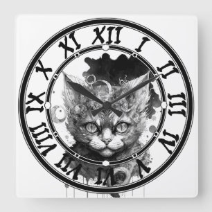 Watercolor cat in steampunk style square wall clock