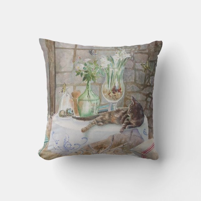 Watercolor Cat in the Farm Throw Pillow (Front)