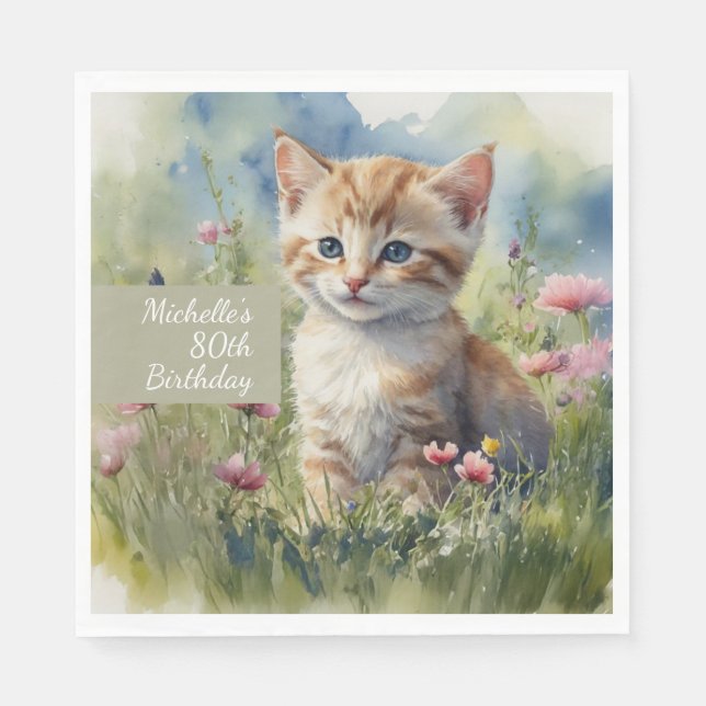 Watercolor Cat Meadow Flowers 80th Birthday Napkin (Front)