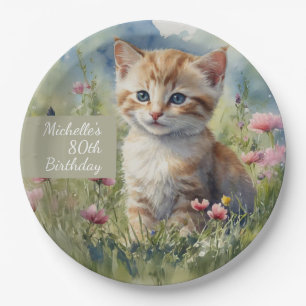 Watercolor Cat Meadow Flowers 80th Birthday Paper Plate