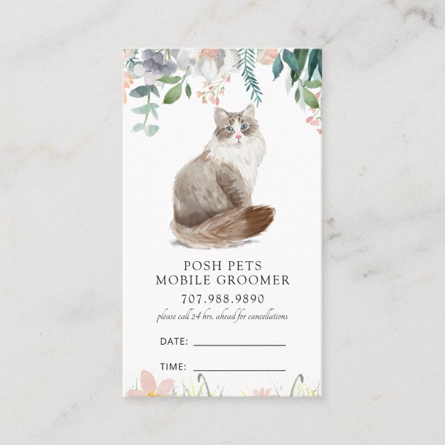 Watercolor Cat Mobile Pet Groomer  Appointment Card (Front)