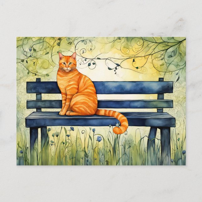 Watercolor Cat on Park Bench Postcard (Front)