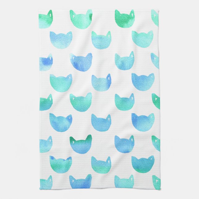 Watercolor Cat outline blue green dish Kitchen Towel (Vertical)