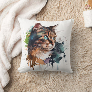 Watercolor Cat Painting Throw Pillow
