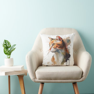 Watercolor Cat Painting Throw Pillow