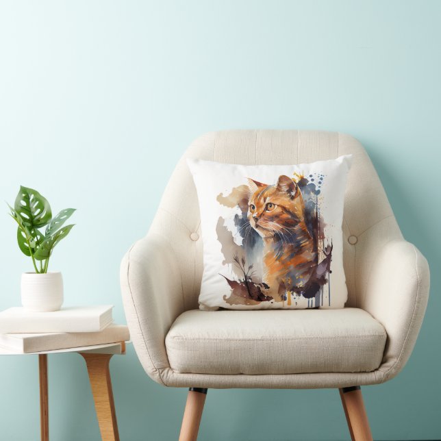 Watercolor Cat Painting Throw Pillow (Chair)