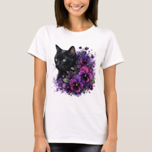 Watercolor Cat Pansies PNG Floral Garden Design T-Shirt