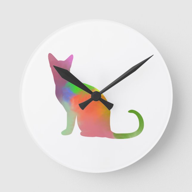 Watercolor Cat Silhouette Round Clock (Front)