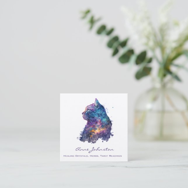 Watercolor Cat Square Business Card (Standing Front)