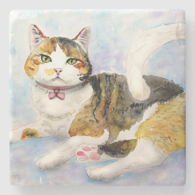 Watercolor Cat Stone Coaster (Front)