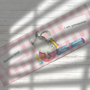 Watercolor Cat With Ball on Pink Buffalo check Yoga Mat