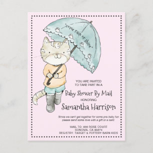 Watercolor Cat With Umbrella Baby Shower By Mail Invitation Postcard