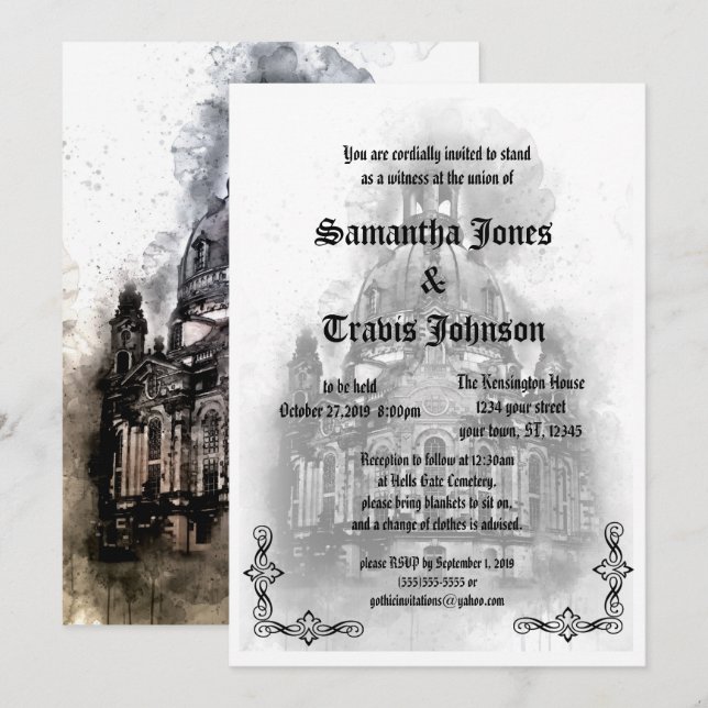 Watercolor Cathedral Goth Wedding Invitations (Front/Back)