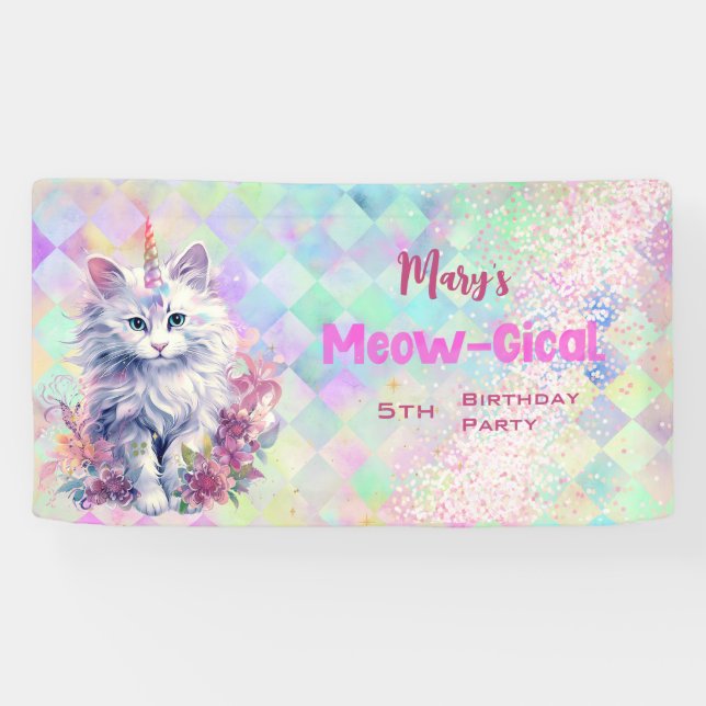 Watercolor Caticorn Meow-Gical Birthday  Banner (Horizontal)