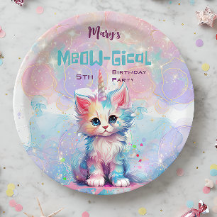 Watercolor Caticorn Meow-Gical Birthday Paper Plate