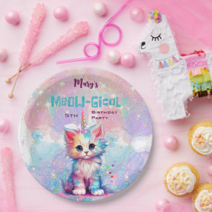 Watercolor Caticorn Meow-Gical Birthday Paper Plate