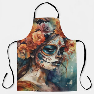 Watercolor Catrina Dia de los Muertos Sugar Skull Apron