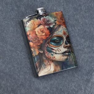 Watercolor Catrina Dia de los Muertos Sugar Skull Hip Flask