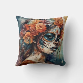 Watercolor Catrina Dia de los Muertos Sugar Skull Throw Pillow
