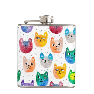 Watercolor cats and friends hip flask