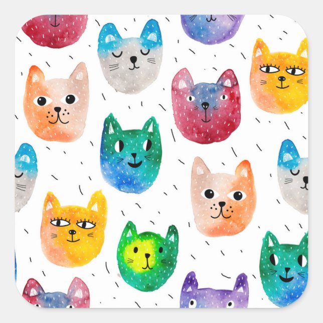 Watercolor cats and friends square sticker (Front)
