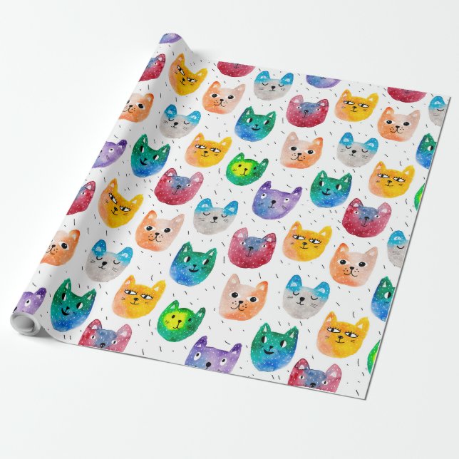 Watercolor cats and friends wrapping paper (Unrolled)