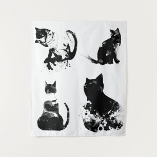 Watercolor Cats, Black Cat, Minimal, Black & White Tapestry
