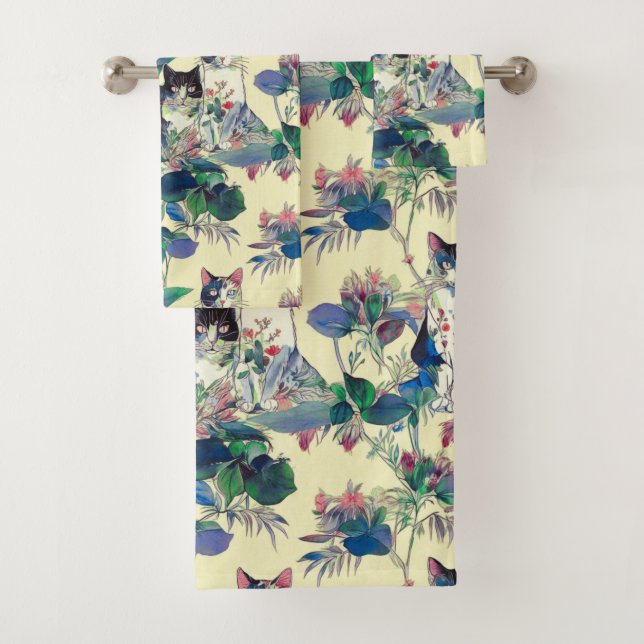 Watercolor Cats in a Garden Bath Towel Set (Insitu)