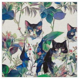 Watercolor Cats in a Garden Fabric