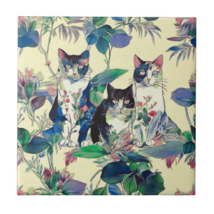 Watercolor Cats in a Garden Tile
