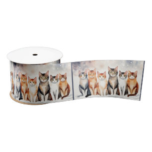Watercolor Cats On Snow Satin Ribbon