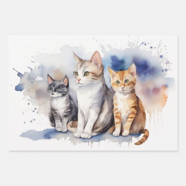 Watercolor Cats with Soft Pastel Background Wrapping Paper Sheet (Front)
