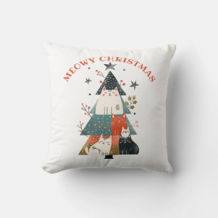 Watercolor Cats Xmas Tree Cute Meowy Christmas Throw Pillow