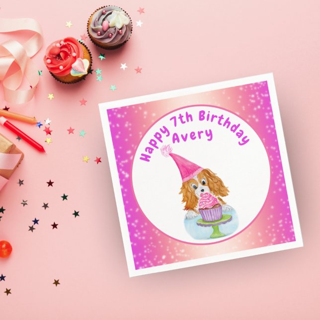 Watercolor Cavalier King Charles Cupcake Birthday Napkin (Creator Uploaded)