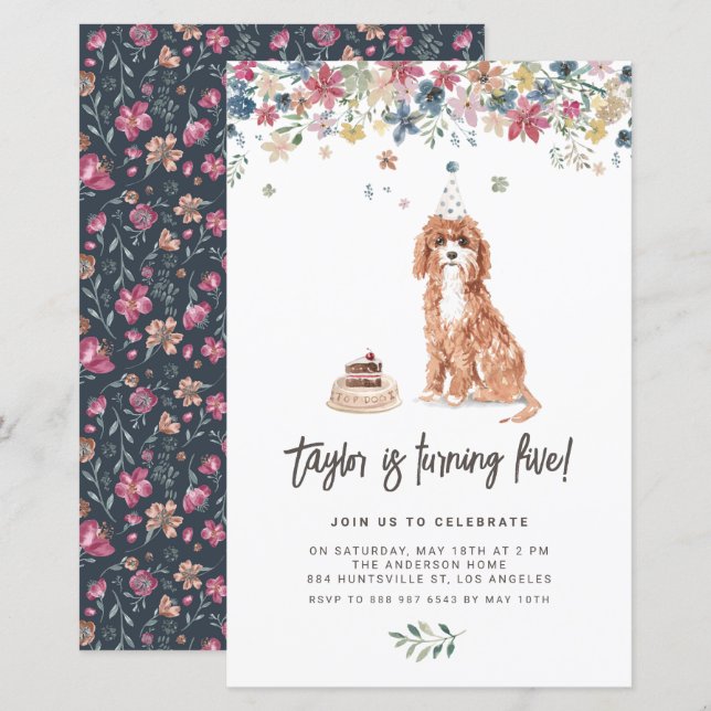 Watercolor Cavapoo Dog Birthday Party Invitation (Front/Back)