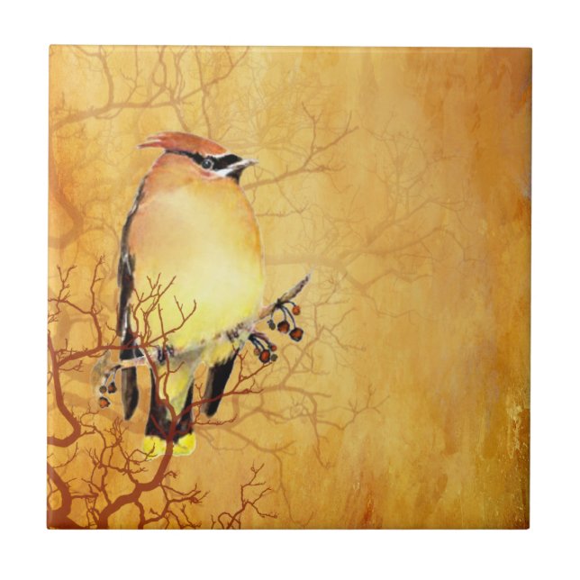 Watercolor Cedar Waxwing Bird Wildlife Art Tile (Front)