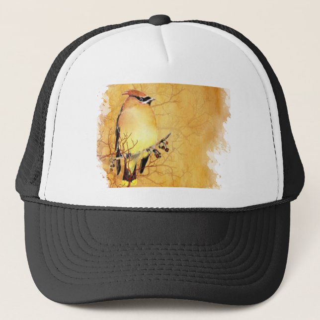 Watercolor Cedar Waxwing Bird Wildlife Nature Art Trucker Hat (Front)