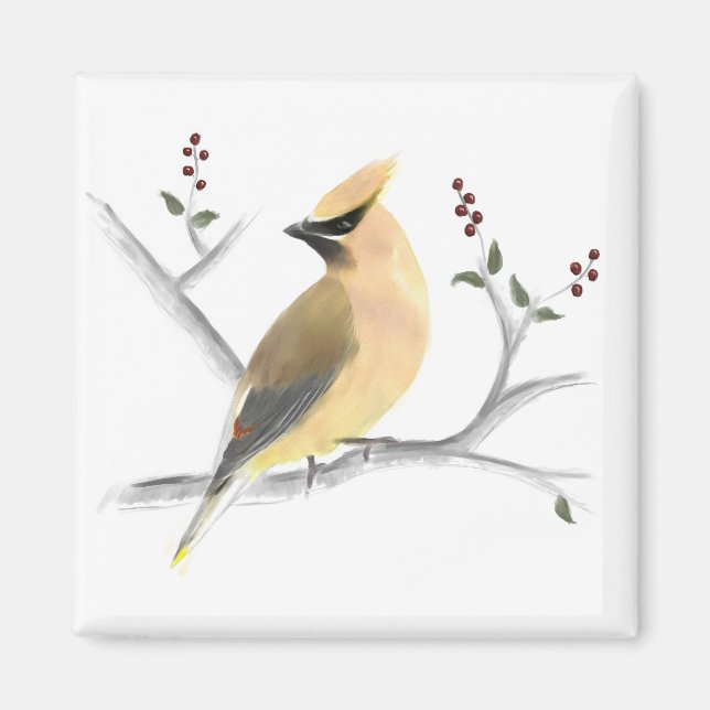 Watercolor Cedar Waxwing Magnet (Front)